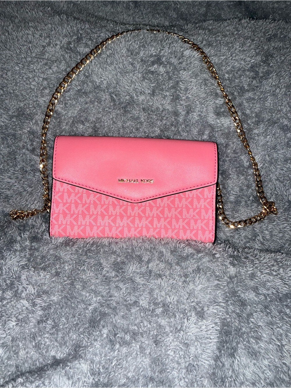 Michael Kors Pink MK Signature Wallet On Chain Crossbody Purse Gold Chain Strap